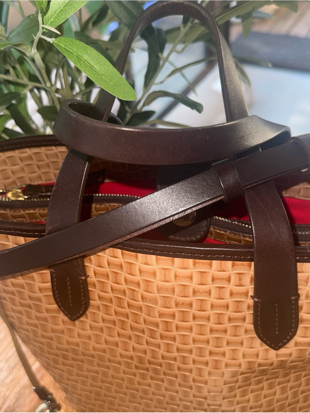 Dooney & Bourke Tan Woven Tote with Dark Brown Trim - Picture 5 of 16